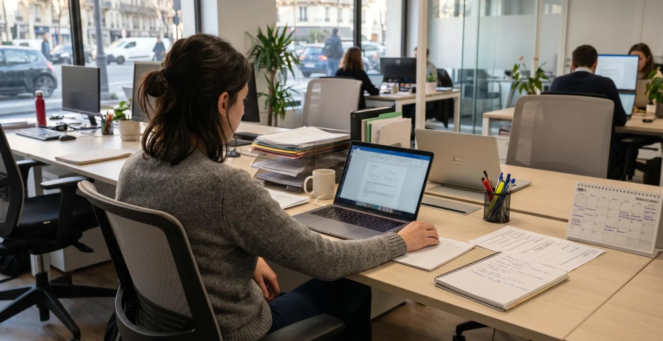 Personne de dos travaillant seule à un bureau avec ordinateur et documents dans un environnement de bureau contemporain éclairé naturellement