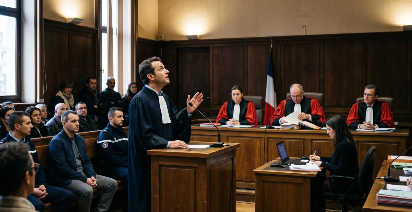 Un avocat en robe plaide debout devant trois juges dans un tribunal correctionnel français lors d'une comparution immédiate.
