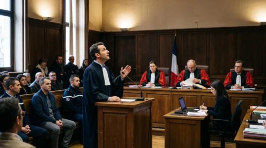 Un avocat en robe plaide debout devant trois juges dans un tribunal correctionnel français lors d'une comparution immédiate.