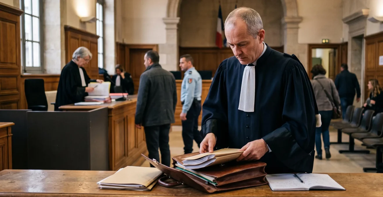 Un avocat range ses dossiers dans sa serviette à la fin d'une audience dans un tribunal français, pendant le délibéré.