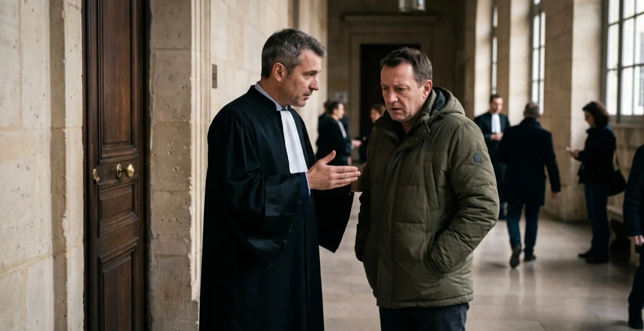 Une avocate en robe explique la procédure à un homme inquiet dans un couloir de tribunal français.