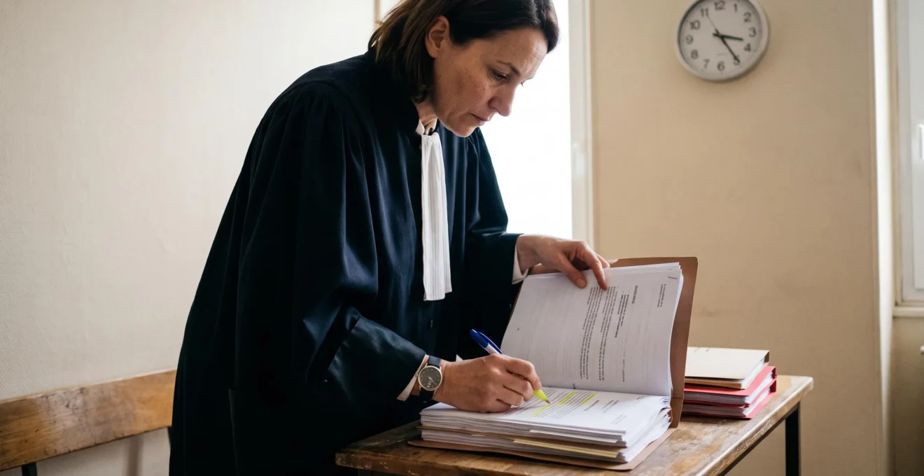 Une avocate en robe consulte rapidement un dossier judiciaire épais dans une salle d'attente du tribunal.